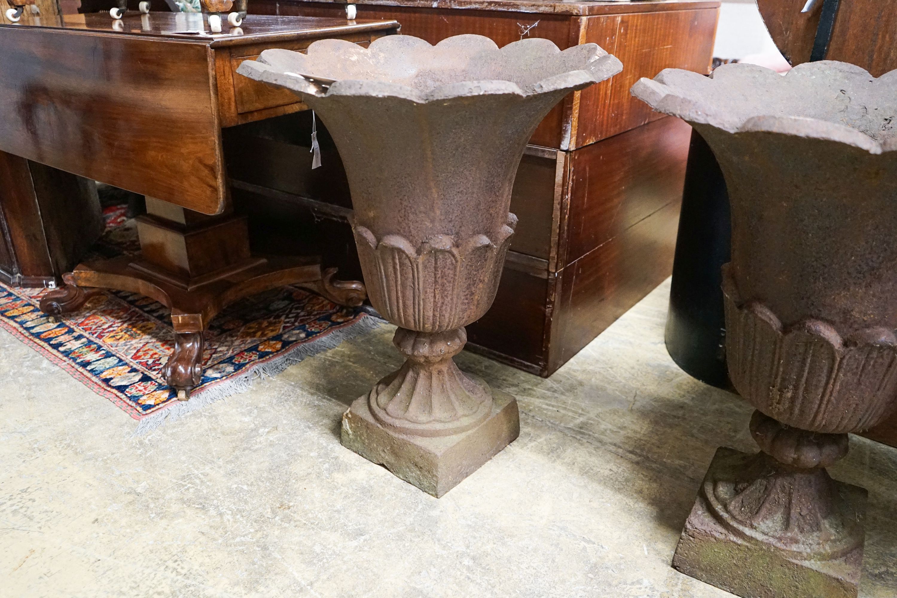 A pair of cast iron tulip urns, mid 19th century, diameter 60cm, height 75cm